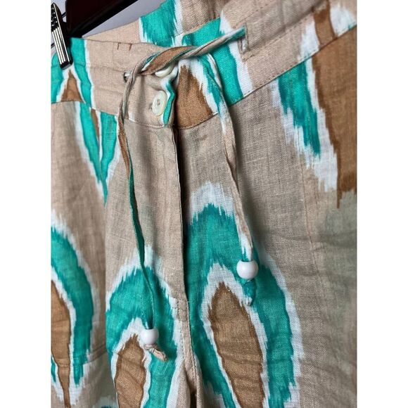 Nimo with Love Ikat Tan Turquoise Linen Pants Sz. S - Picture 2 of 4